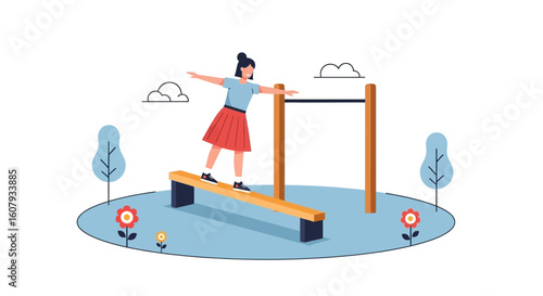 Young Woman Practices Balance On A Low Beam In An Outdoor Playground Setting