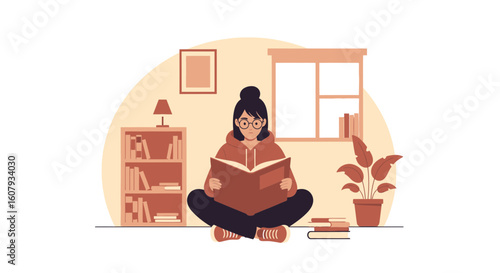 Young Woman Reading A Book On The Floor In Her Home Office