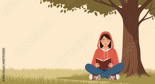 Young Woman Reading A Book Under A Tree In Nature Landscape
