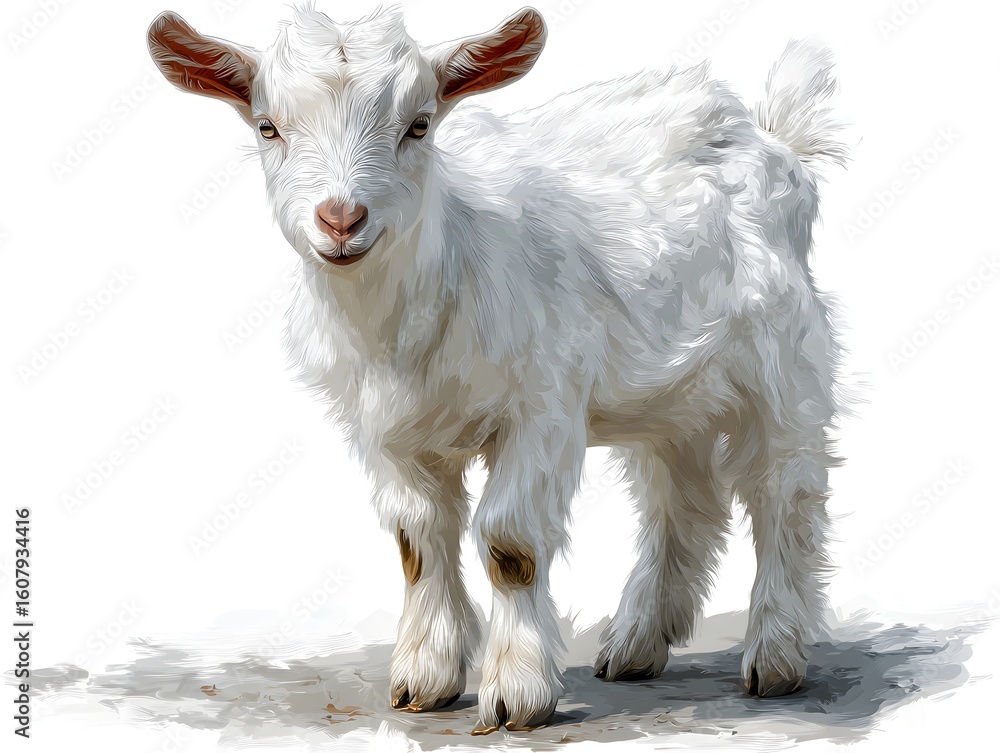 Obraz premium A cute fluffy white baby goat stands calmly on a white surface looking directly towards the camera view.