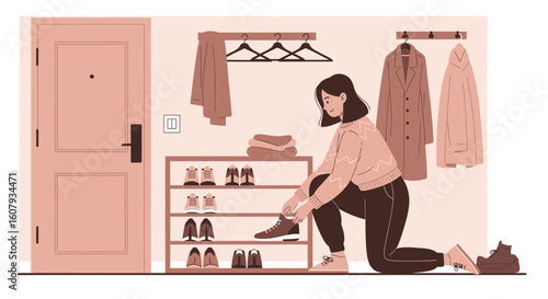 Young Woman Tying Her Shoelaces Preparing To Leave Home In The Hallway