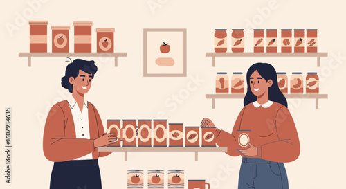 Young Women Shopping For Canned Goods And Jars Of Food In A Pantry