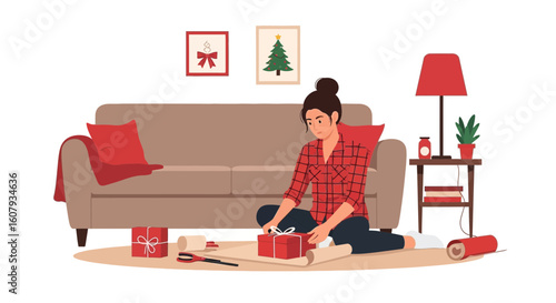 Young Woman Wrapping Christmas Gifts At Home On Cozy Living Room Floor