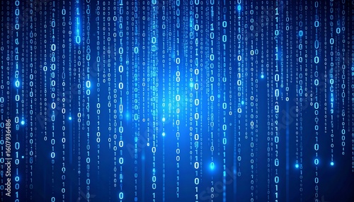 Digital binary code streams cascading down a dark blue background