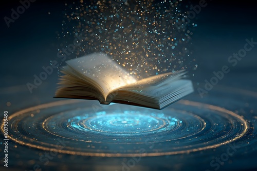 An open book floating above glowing circles with sparkles falling in a dark blue background scene