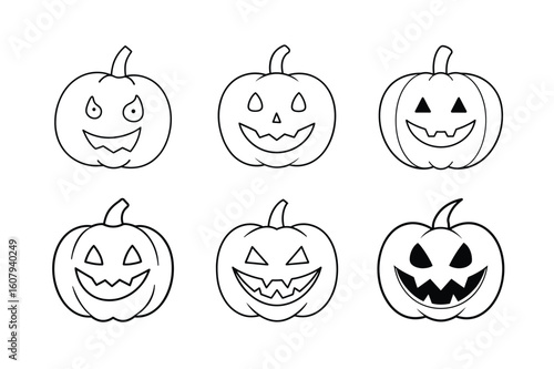 A collection of six unique, hand-drawn jack-o'-lanterns with carved faces, presented in two rows.