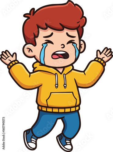 Crying boy in yellow hoodie with tears running down face expressing sadness vector illustration 
