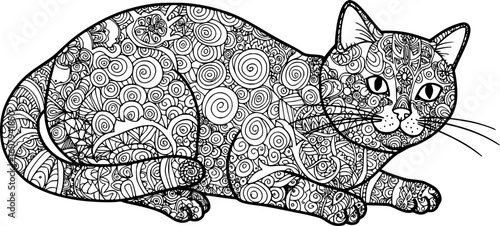 Vector zentangle cat print for adult coloring page. Hand drawn