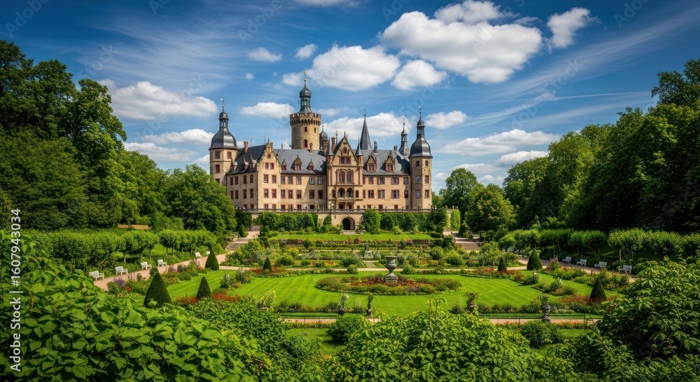 Fototapeta premium Grand castle with garden under bright blue sky
