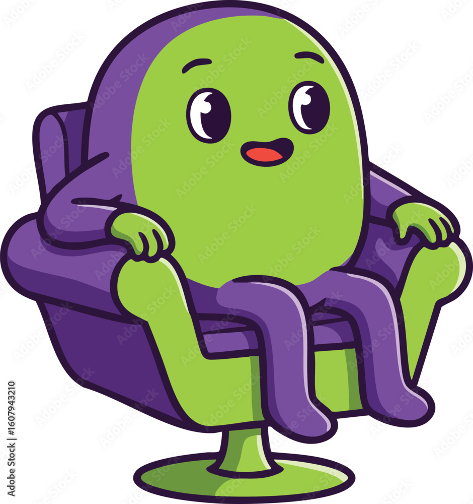 Obraz premium Cute green and purple cartoon character sitting on modern chair vector illustration for fun and playful design 