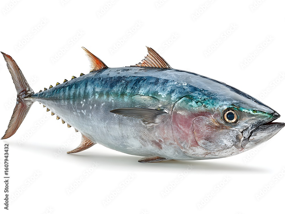 Fototapeta premium A vibrant whole tuna fish displays iridescent blues and silvers against a stark white studio background now.