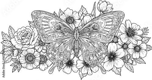 Adult coloring book with butterfly in flowers pages, zentangle vector