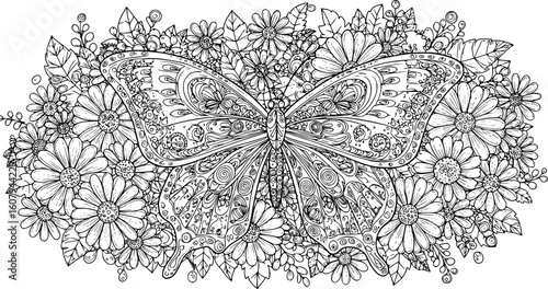 Adult coloring book with butterfly in flowers pages, zentangle vector
