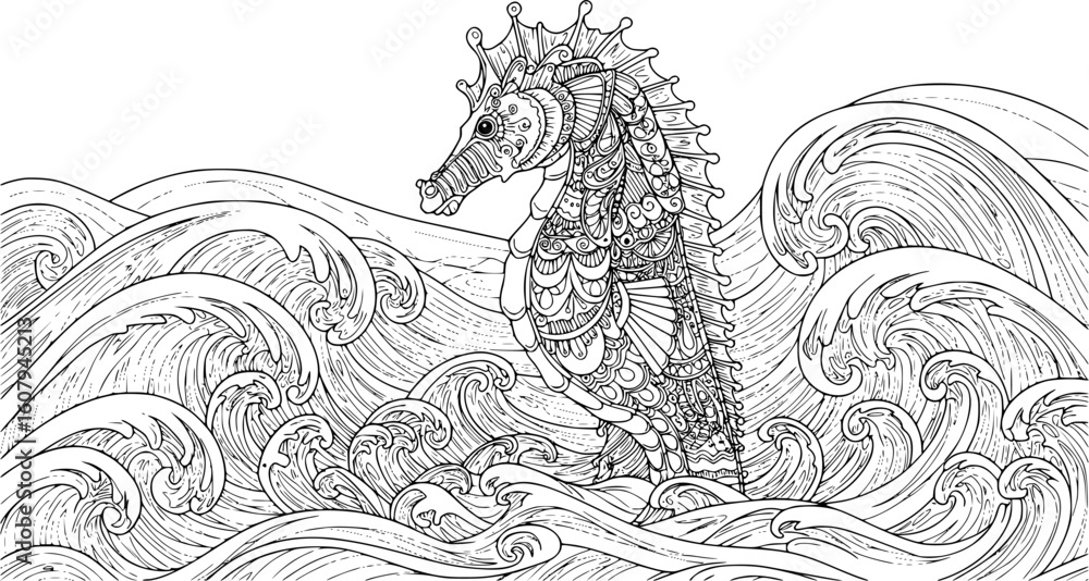 Fototapeta premium Hand drawn artistic Sea horse in waves for adult coloring page