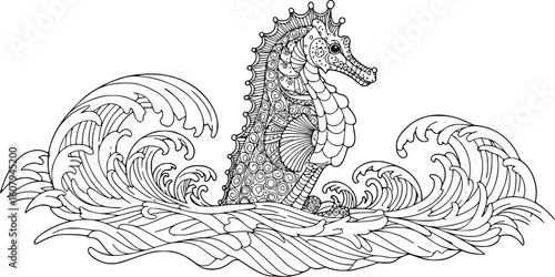 Hand drawn artistic Sea horse in waves for adult coloring page