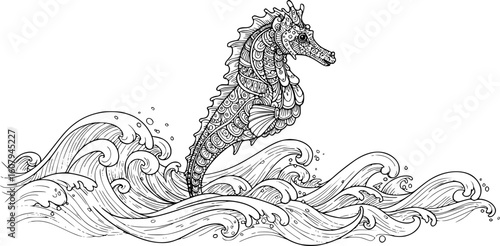 Hand drawn artistic Sea horse in waves for adult coloring page