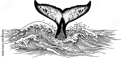 Whale tail in sea waves, boho blackwork tattoo. Ocean line art doodle