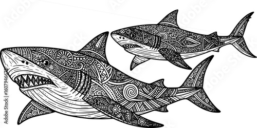 Zentangle stylized Sea Shark and Whale. Hand Drawn vector illustration