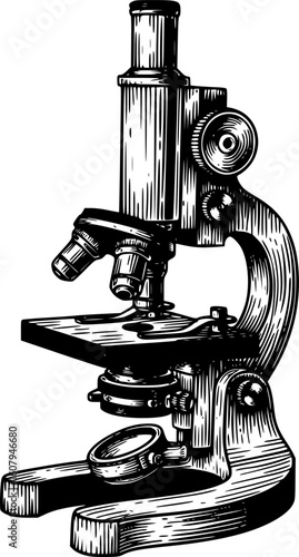 Vector old microscope. Vintage hand drawn illustration for science