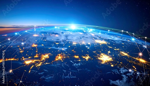 Earth at night, networked.  A high-angle view of the Earth at dawn or dusk, with city lights illuminating continents. 