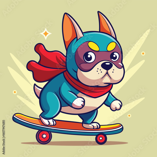 Cartoon dog superhero riding a skateboard french bulldog costume