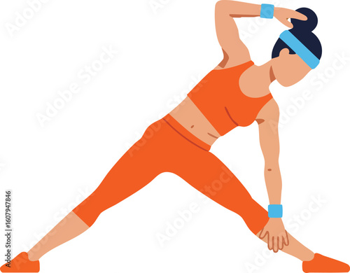 Woman stretching body workout exercise in orange activewear and blue accessories vector illustration 