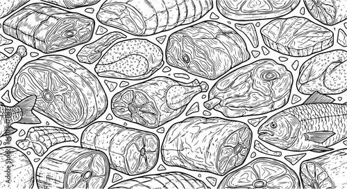 Hand drawn artistic meat seamless pattern for adult coloring page