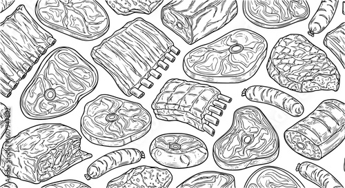 Hand drawn artistic meat seamless pattern for adult coloring page