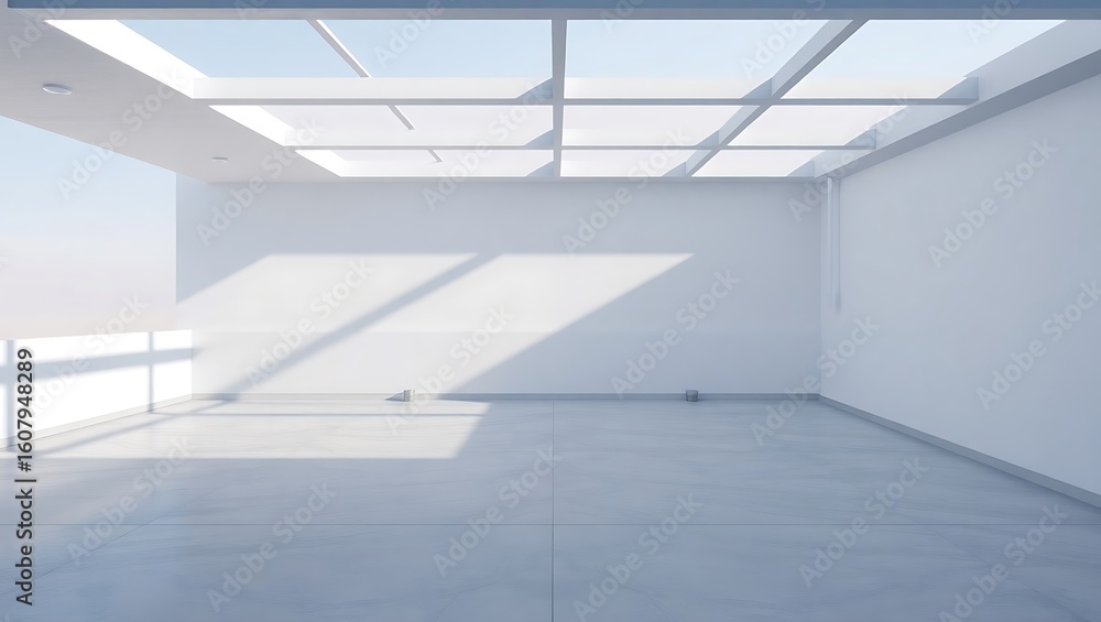 Fototapeta premium Contemporary minimalist terrace with concrete floor, cold tones, soft shadows, 3D architectural render