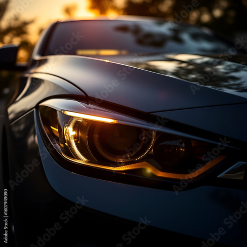 Close up front car's sidelight and projector light with sun warm light in the evening