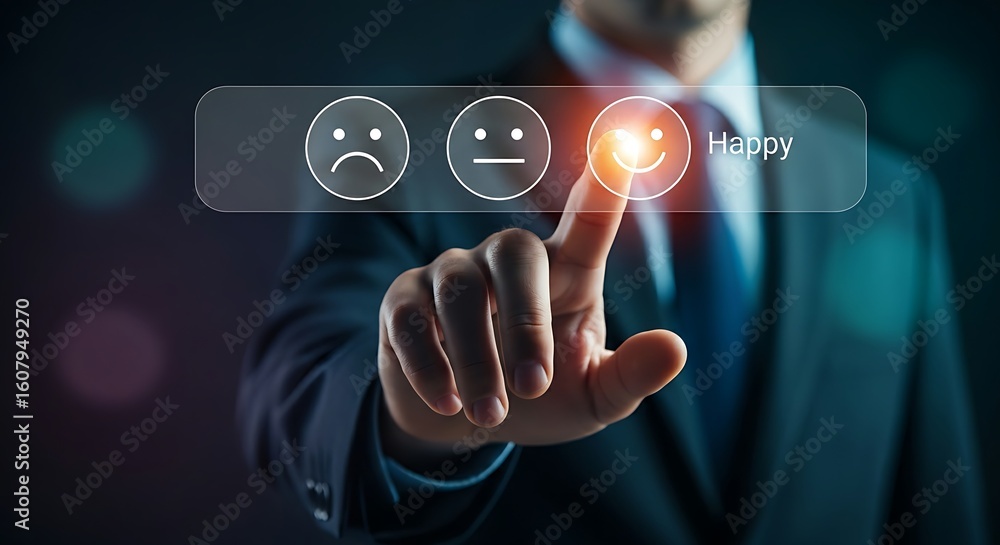 Obraz premium Customer satisfaction (CSAT) survey concept. A hand selects a single 