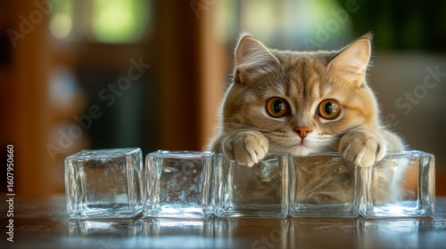 The abstract light box contains a surreal feline reflection symbolizing the concept of Schrödinger's cat