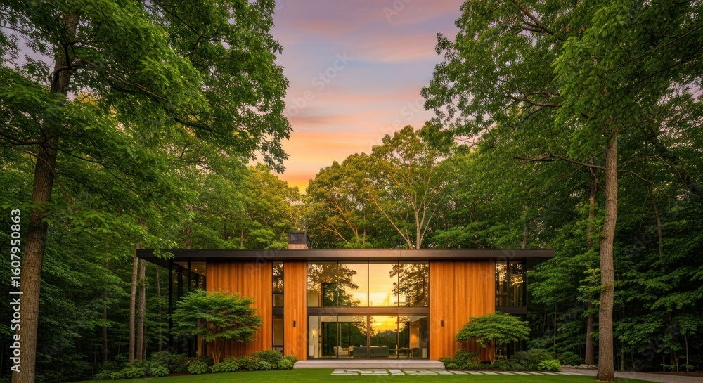 Modern house framed by lush greenery against a vibrant sunset sky Modern house framed by lush greenery against a vibrant sunset sky