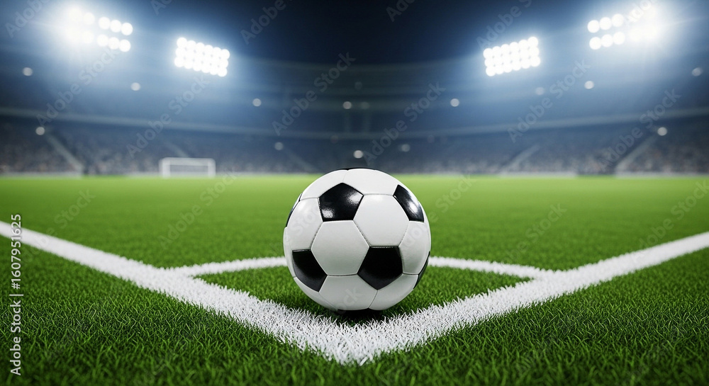Fototapeta premium Dynamic Soccer Ball on the Field, Ready for Kickoff, Showcasing the Excitement and Energy of a Football Match in a Stadium
