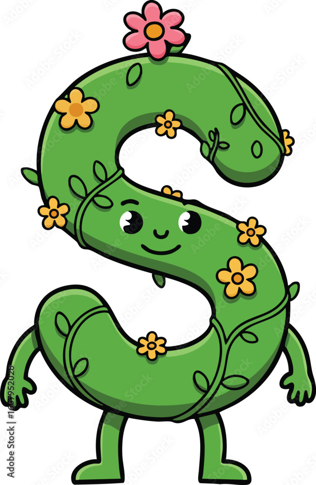 Obraz premium Green floral letter S character with smiling face and pink flowers vector illustration for nature or education designs 