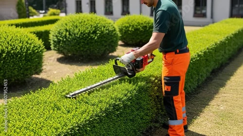 A gardener wearing orange pants and gloves uses a hedge trimmer to shape a green bush in a wellmaintained garden