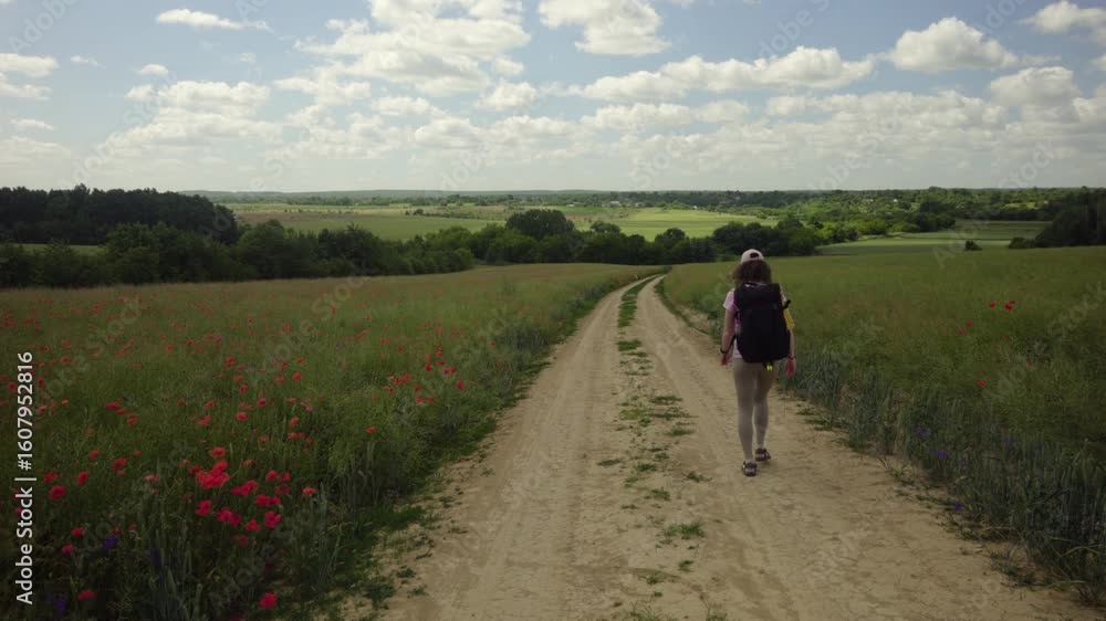 Woman with a backpack walks peacefully through vast fields of red poppies under a bright sky. Meditative, cinematic mood. Woman with a backpack walks peacefully through vast fields of red poppies under a bright sky. Meditative, cinematic mood.