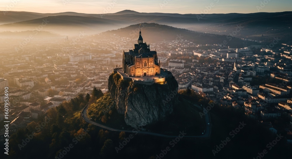 Obraz premium Ornate church atop rocky hill overlooking a hazy cityscape at golden hour