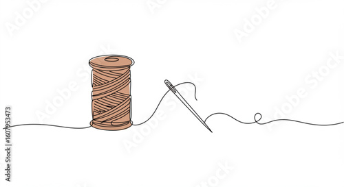 Sewing thread spool with needle and single line outline vector  