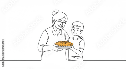 Grandmother and boy smiling while holding a pie in outline vector  