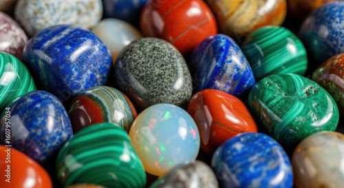 Polished tumbled stones display varying colors, textures, and patterns