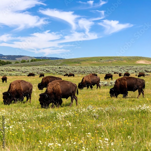 Herd of bison grazing in a sunny meadow, wildflowers dotting the landscape under a vibrant blue sky