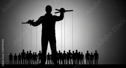 Dominant Silhouette of a Controller Manipulating People with Strings, Representing Authority and Influence, Power Dynamics