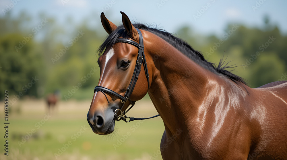 Obraz premium Portrat of buckskin akhal teke stallion in a bridle standing outside in a summer field. Equestrian sport.