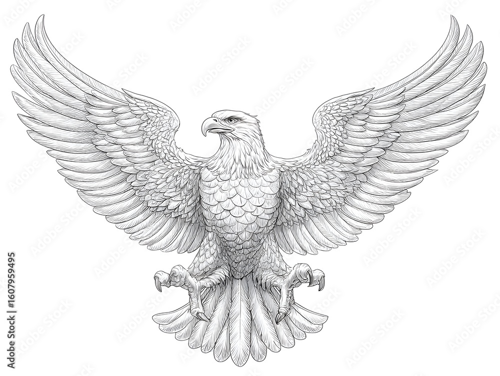 Fototapeta premium Majestic eagle soars with wings spread wide, a powerful symbol etched in detailed pencil sketch illustration.