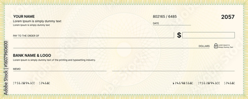 Blank bank check, checkbook cheque template or money payment paper voucher, vector mockup. Business or personal account cash pay cheque certificate or paycheck coupon from checkbook