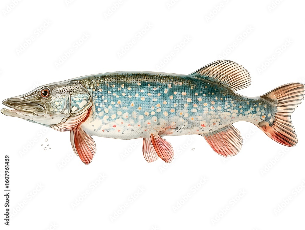 Naklejka premium An antique illustration shows a pike fish with detailed scales and fins on a white background picture.