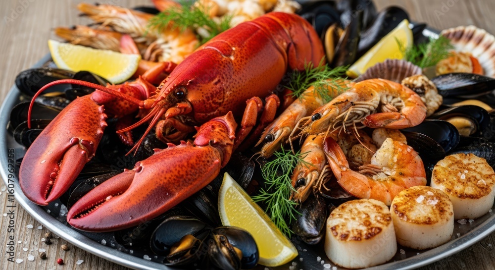 Seafood platter on a silver tray, with lobster, mussels, shrimp, scallops, lemon Seafood platter on a silver tray, with lobster, mussels, shrimp, scallops, lemon