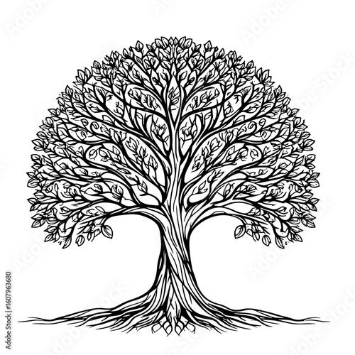 A tree with a lush crown and roots, black and white sketch. Vector illustration of the classic symbol of the tree of life, isolated on a white background vector