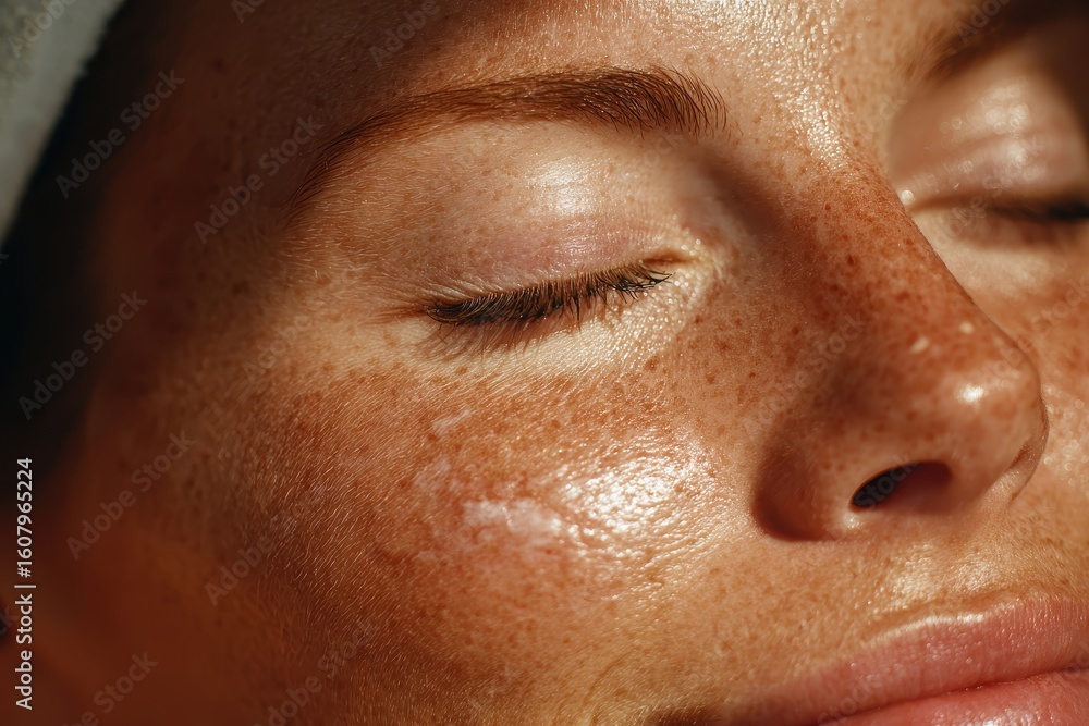 Fototapeta premium Close up of a young woman's face with freckles and eyes closed. It can be used for beauty, skincare, or wellness concepts.